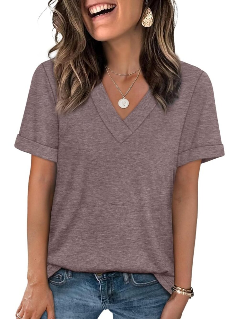🆕Women's Brown Summer Tops Short Sleeve Basic Casual V Neck T Shirts Trendy